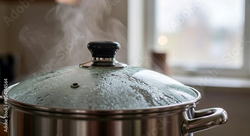 boiling water on a stove, Close-up of silver frying pan on black stovetop in modern kitchen. Empty pan sits on stove near pot with food, slightly ajar lid on burner. Kitchen counter with plant adds na