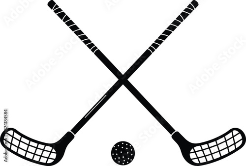 Crossed floorball sticks, floorball ball, sports equipment, vector illustration, black and white, isolated image, stock photo, SEO optimized