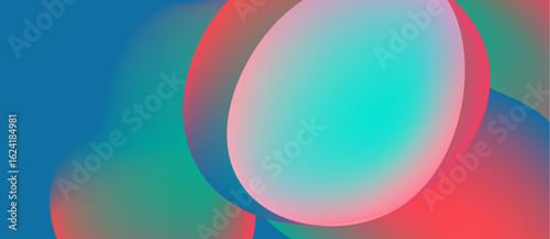 Abstract fluid shapes blend, creating vibrant color gradients. Turquoise, red hues dominate composition. Smooth transitions define forms.