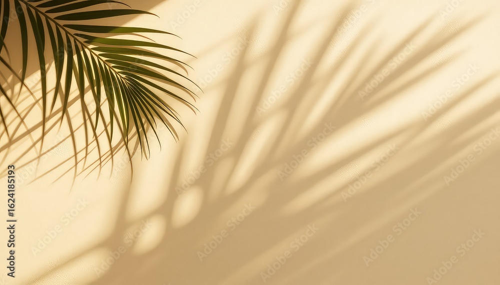 Obraz premium Sunlight casting subtle shadows of palm frond on light surface evokes feelings of relaxation and warm tropical atmosphere