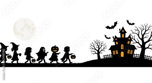 Halloween Parade: Spooky Kids, Haunted House Silhouette