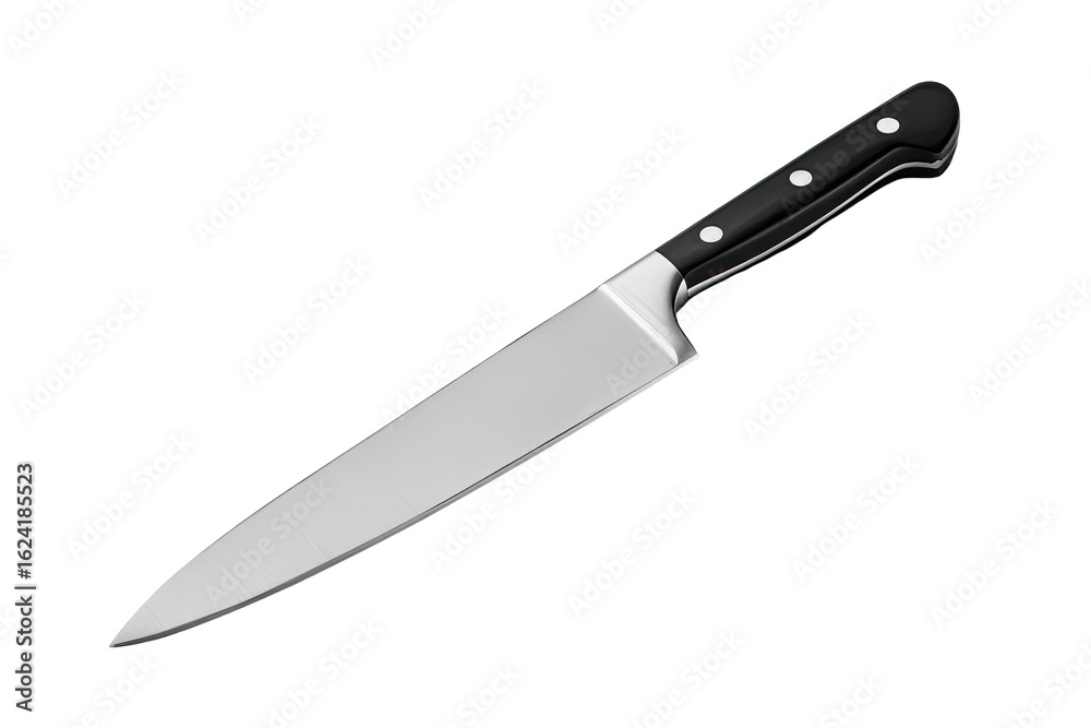 A stainless steel chef's knife angled on a black background. Black plastic handle with small, round, protrusions. Sharp blade A stainless steel chef's knife angled on a black background. Black plastic handle with small, round, protrusions. Sharp blade