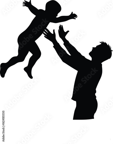 Father Tossing Toddler in Air Silhouette – Black Vector Family Moment

