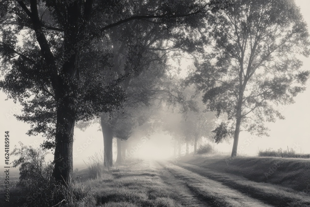 Obraz premium Ethereal Black and White Pathway Lined with Trees Disappearing into Foggy Distance