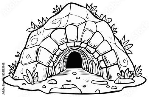 Prehistoric stone age cave dwelling cartoon line art for a coloring page