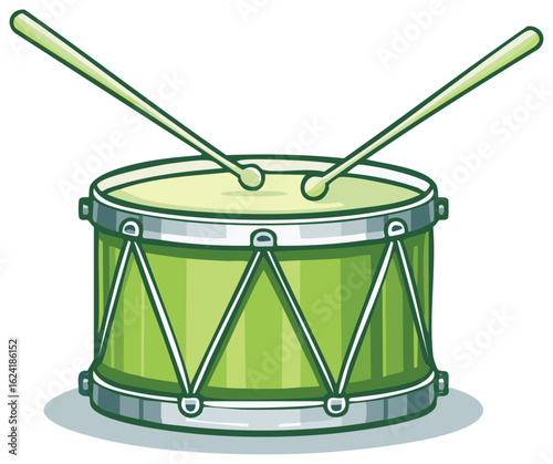 Green toy drum with crossed drumsticks ready to play