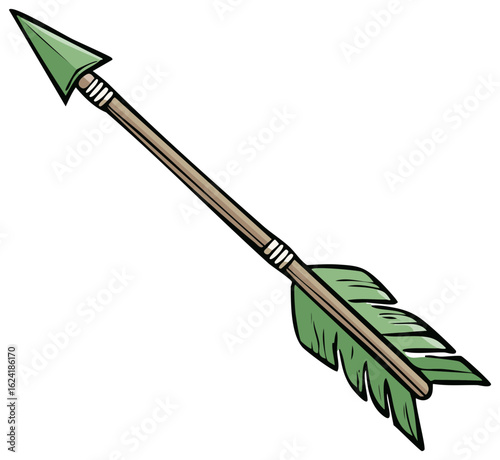 Illustration of a Green Fletched Arrow with Wood Shaft for Archery or Hunting Sports and Activities, Isolated