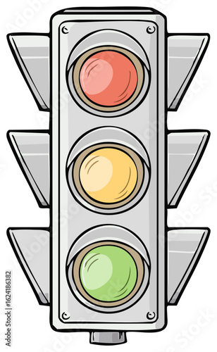 Cartoon traffic signal with red yellow and green lights for controlling vehicles