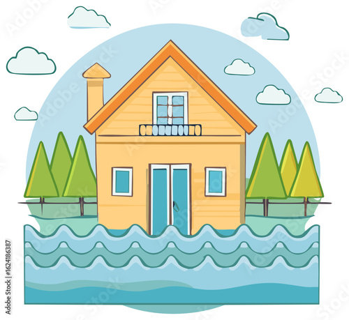 Residential house submerged in rising floodwaters, a natural disaster concept illustration