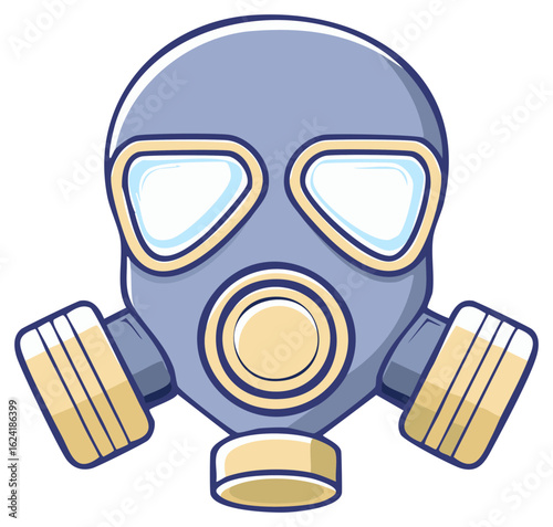 Stylized cartoon gas mask with two canisters and large eye lenses