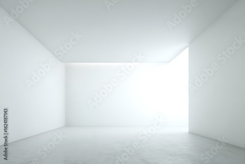 Minimalist White Room Corner with Concrete Floor and Bright Opening Leading Outward