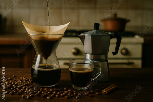 A pour-over coffee setup, a moka pot, a cup of coffee, coffee beans, and cinnamon sticks