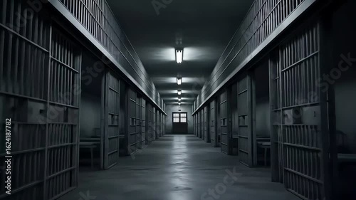 Dark, empty, and ominous prison cell block hallway with rows of metal bars and a distant window, symbolizing confinement and despair.