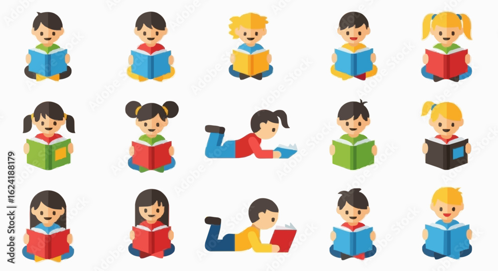 Happy children enjoy reading books, vector based graphics Happy children enjoy reading books, vector based graphics