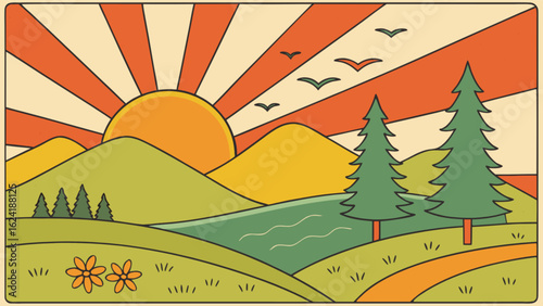 Retro landscape illustration with sun mountains trees and birds vector graphic design for posters and prints
