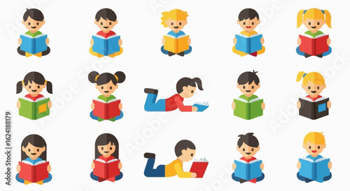 Happy children enjoy reading books, vector based graphics
