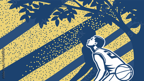 Basketball player under tree with ball vector art illustration for sports and recreational activities design
