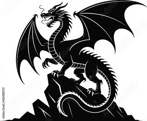 Black dragon perched on rocky outcrop silhouette wings