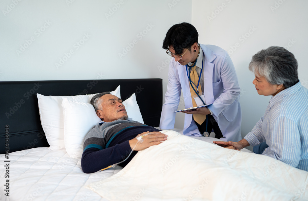 Fototapeta premium doctor explaining medical treatment for bedridden patient elderly hopeless senior man lying on bed. home caregiver nurse visit retirement patient for health check up recovery process medical service