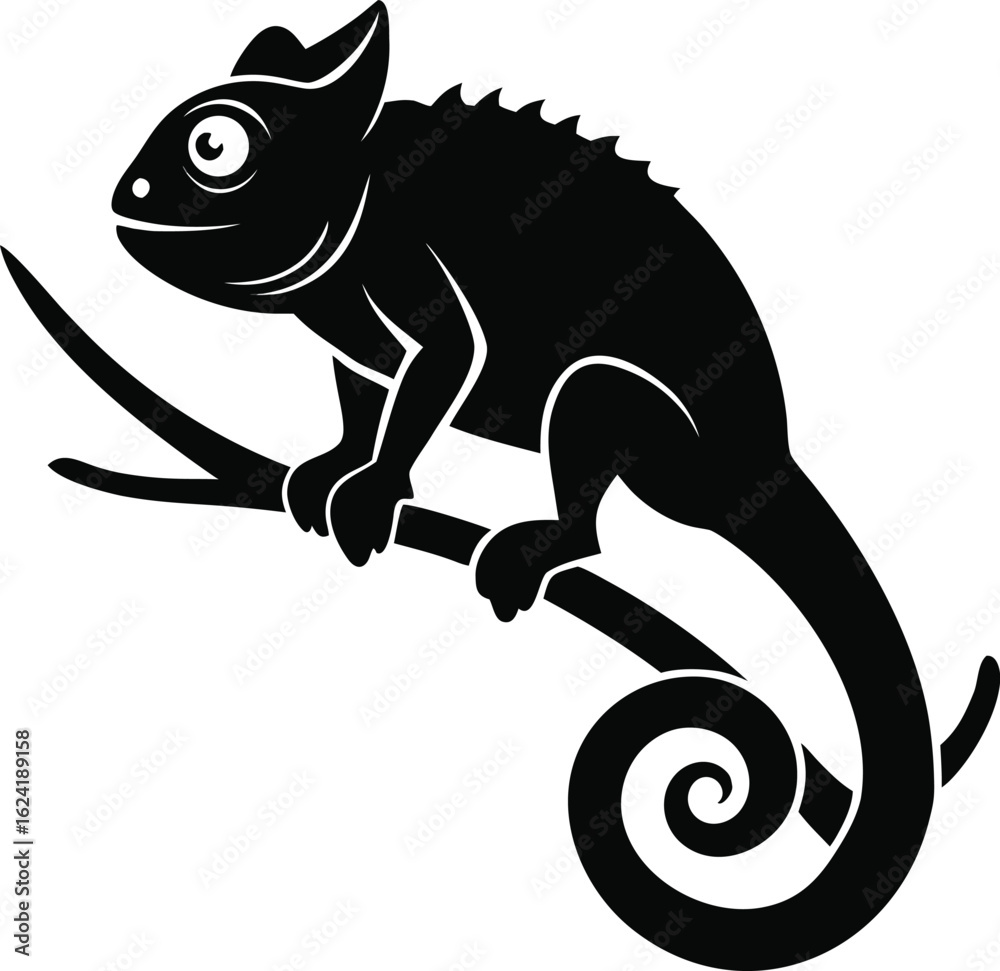Fototapeta premium Chameleon on Branch Silhouette – Black Vector Wildlife Reptile Illustration