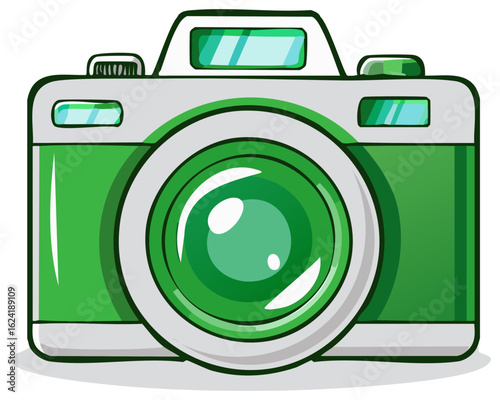 Cartoon Camera with Green Accents and Reflective Lens