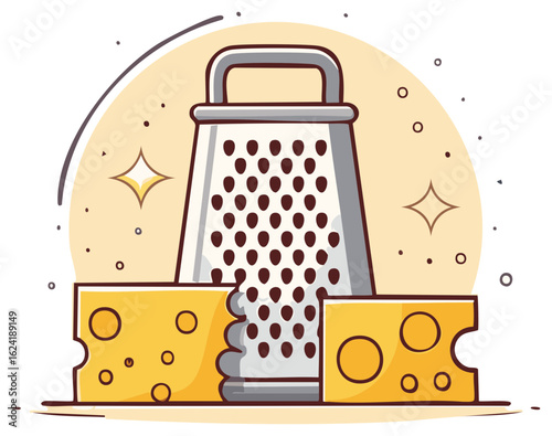 Cartoon Illustration of a Metal Cheese Grater with Yellow Cheese Cubes Food Preparation Kitchen Tools