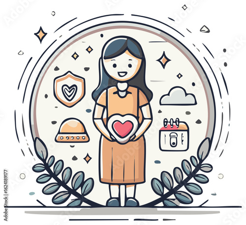 Happy pregnant woman cradling a heart, surrounded by symbols of protection, health, and family planning