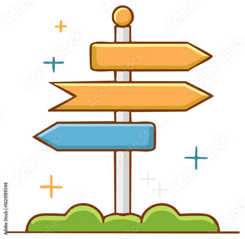 Directional signpost with blank colorful arrows pointing different ways on a grassy base