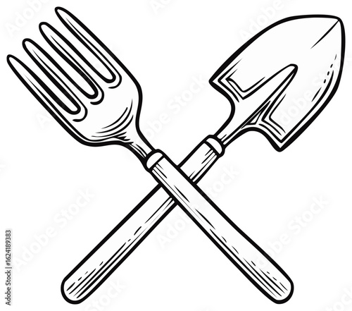 Crossed garden fork and shovel icon illustration in sketch style for farming or agriculture concept