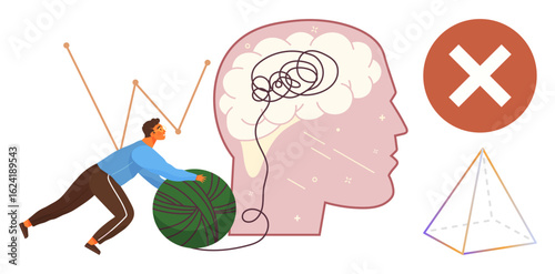 Person rolling yarn ball to untangle brain lines, depicting problem-solving. Ideal for mental health, focus, decision-making, overcoming challenges, critical thinking, creativity, productivity