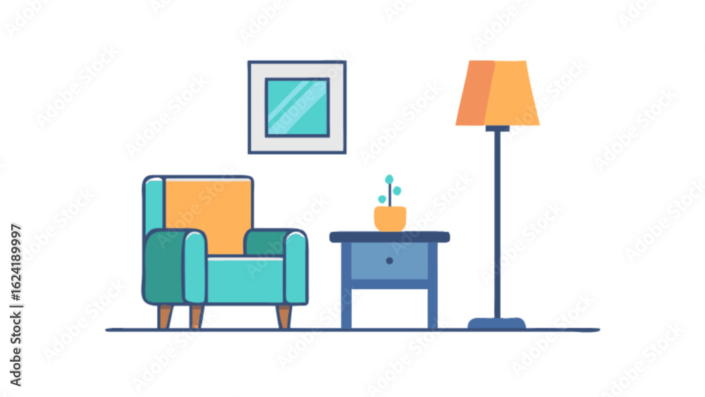 Fototapeta premium Modern living room interior design with armchair lamp and table vector illustration design concept art