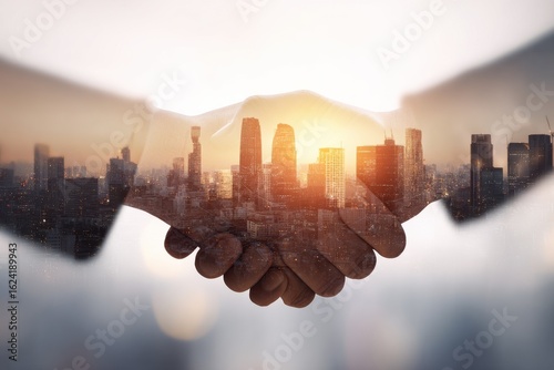 Double Exposure Handshake Silhouette Merged with City Skyline at Sunset for Partnership Visual