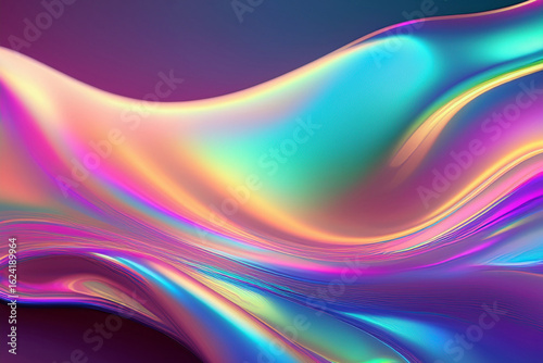 Vibrant holographic abstract background with iridescent liquid metal texture. Futuristic colorful vector art for technology and music festival design