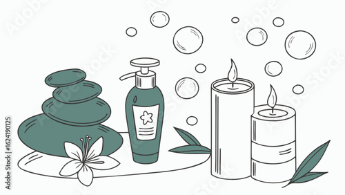Spa and wellness still life with massage stones candles and lotion for relaxation and aromatherapy concept