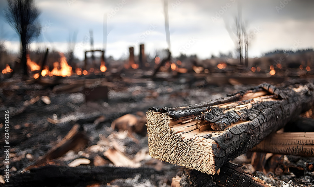 Fototapeta premium Charred Tree Logs in a Devastated Wildfire Landscape with Smoke