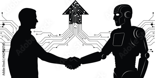 Human and robot handshake isolated on white background