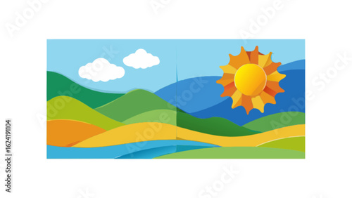 Cartoon landscape illustration with sun hills and clouds vector design scenic nature background for kids art