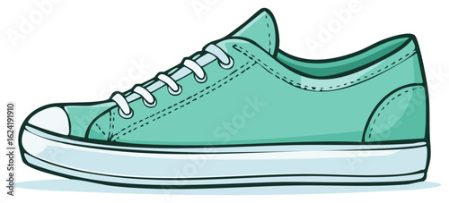 A single turquoise sneaker shoe with laces and a rubber sole, a casual illustration.