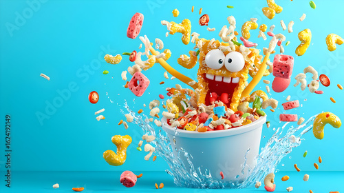 Cheerful Cartoon Character Splashing in Colorful Snack Bowl