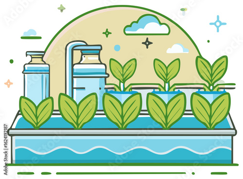 Modern hydroponic farming system with green seedlings and automated irrigation vector icon
