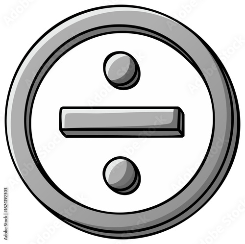 Mathematical division symbol in a sleek metallic circle representing calculations and arithmetic operations