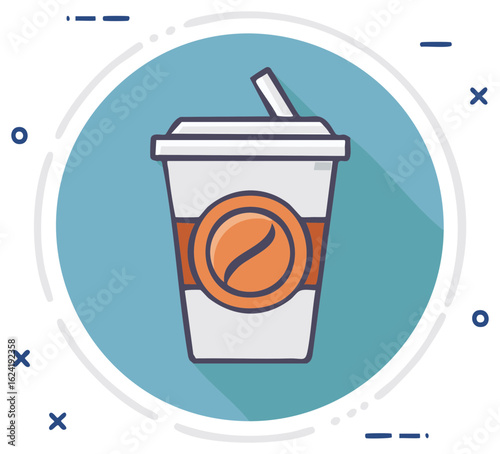 Flat design takeaway coffee cup icon with a coffee bean symbol and long shadow