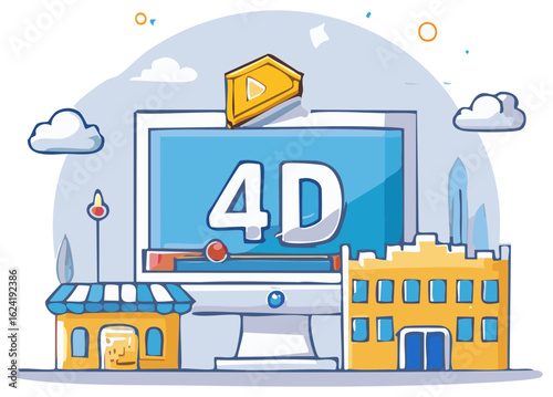Immersive 4D entertainment concept with city buildings and cloud elements