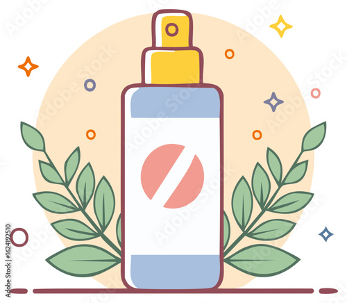 Illustration of a spray bottle with a prohibition symbol, surrounded by leaves and geometric shapes.