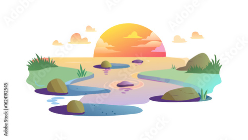 Beautiful landscape illustration of sunset over river with rocks and grass nature scene vector