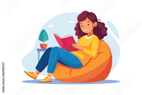Girl reading book on bean bag chair on white background