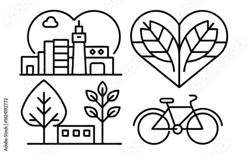 Cityscape Heart Tree Bicycle Icons buildings love