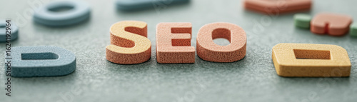 SEO text made of colorful foam letters on gray surface, symbolizing digital marketing and analytics concepts