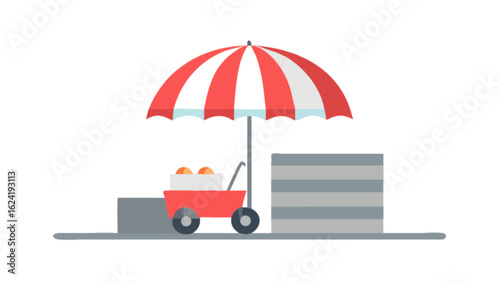 Food cart vendor market stall street food umbrella striped red and white business selling food items design
