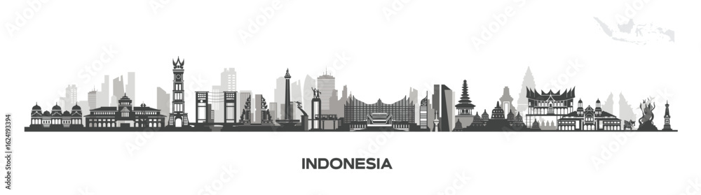 Obraz premium indonesia building landscape design, tourist attraction icons and indonesia country icons, beautiful asia culture country skyline